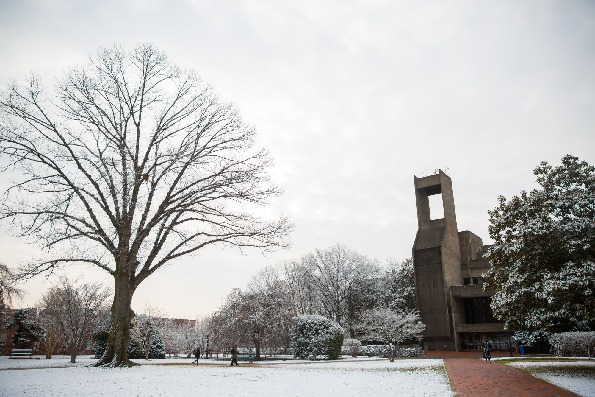 The photo shows a snowy scene on Copley Lawn.