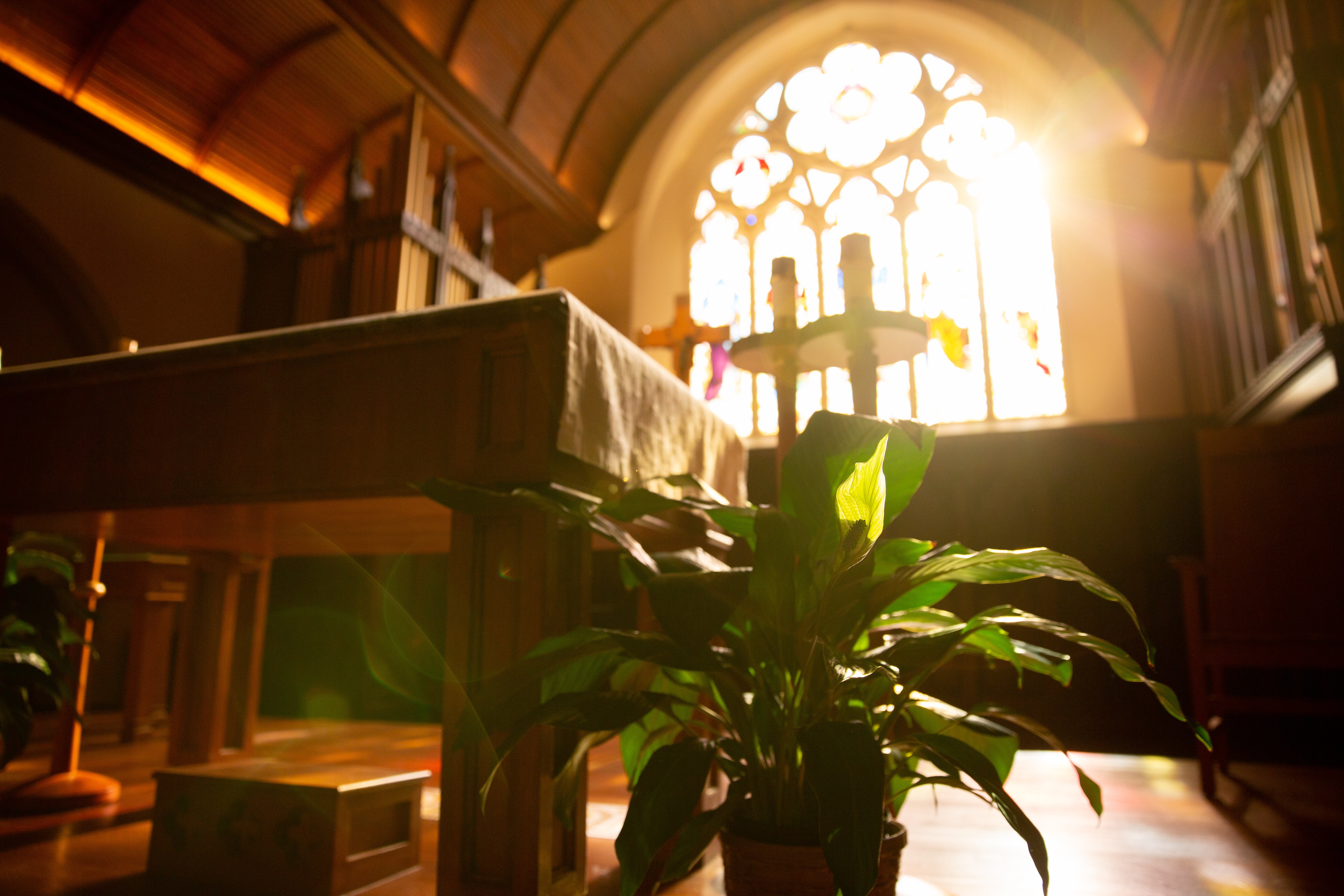 A ray of light shines through a large window in the Dahlgren Chapel.