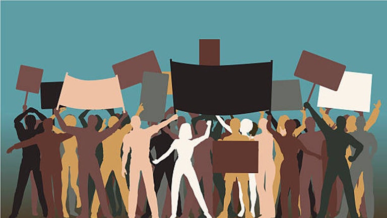 Illustration of people holding up signs