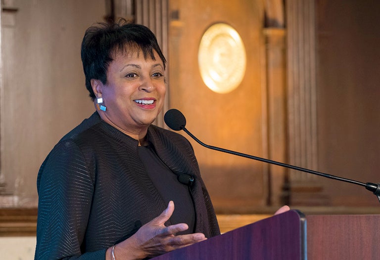 Carla Hayden speaks into microphone