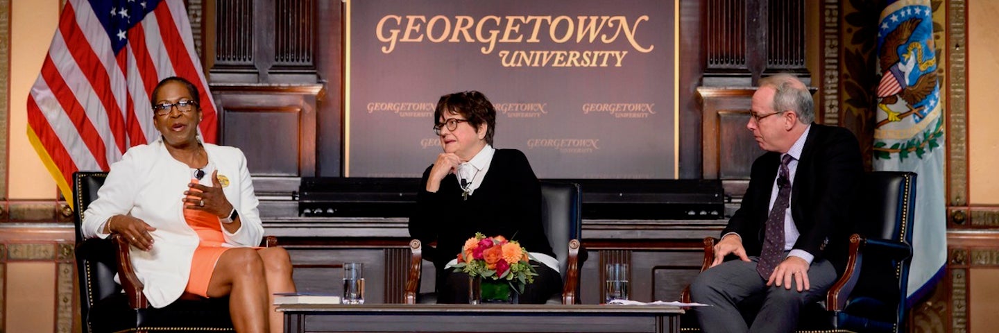 Cheryllyn Branche, Paul Elie, and Sister Helen Prejean in conversation.