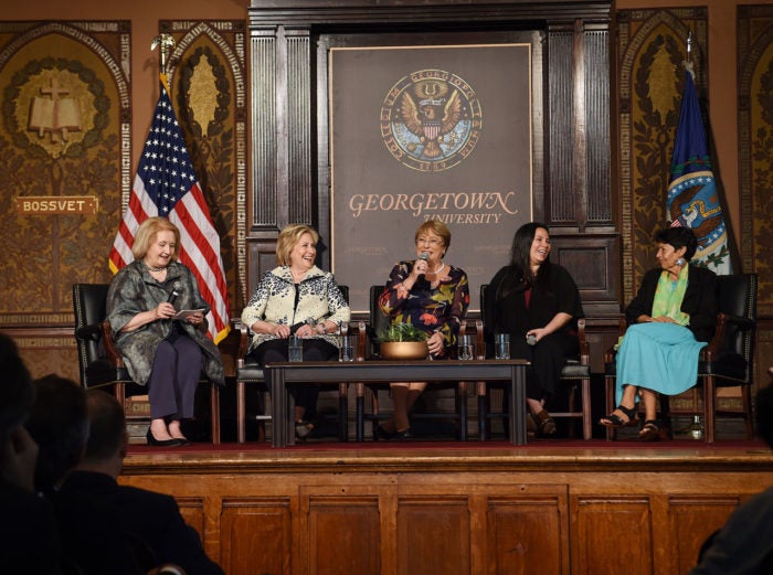 A panel in Gaston Hall featuring Hillary Clinton.