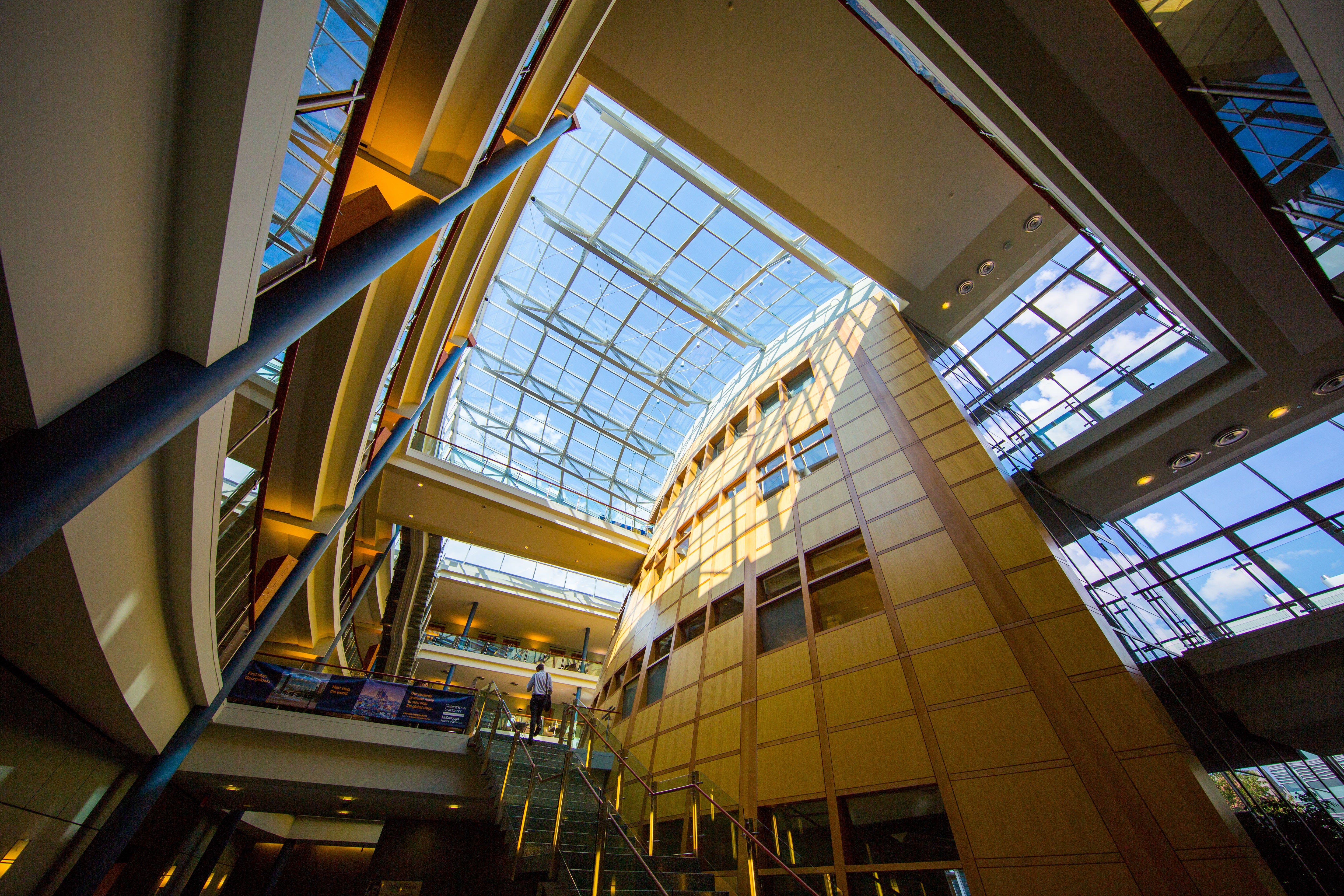 Inside the Hariri Building from perspective of ground floor with skylights above