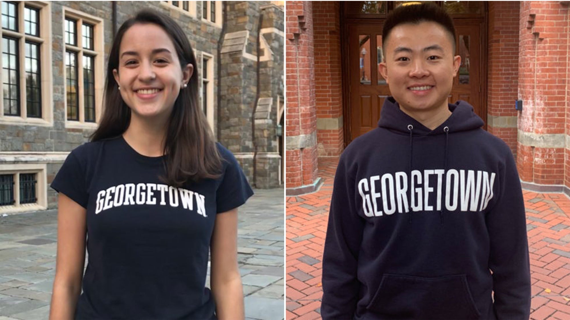 Elena Ortiz and Bryan Haiwen Zou stand in side-by-side photos wearing Georgetown shirts outside.