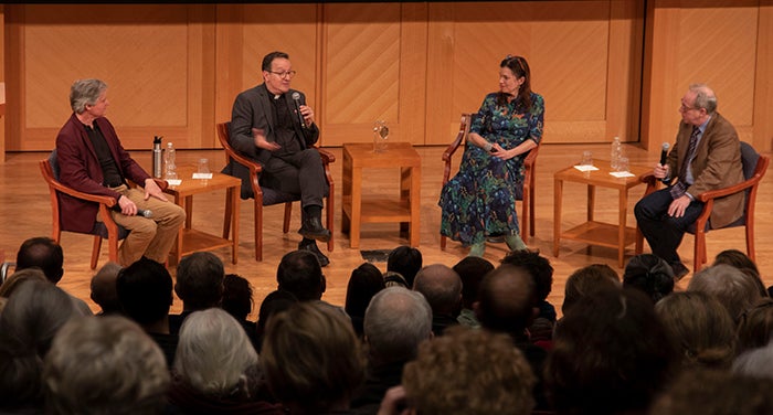 Ted Hardin, Mark Bosco with microphone, Elizabeth Coffman and Paul Elie sit onstage