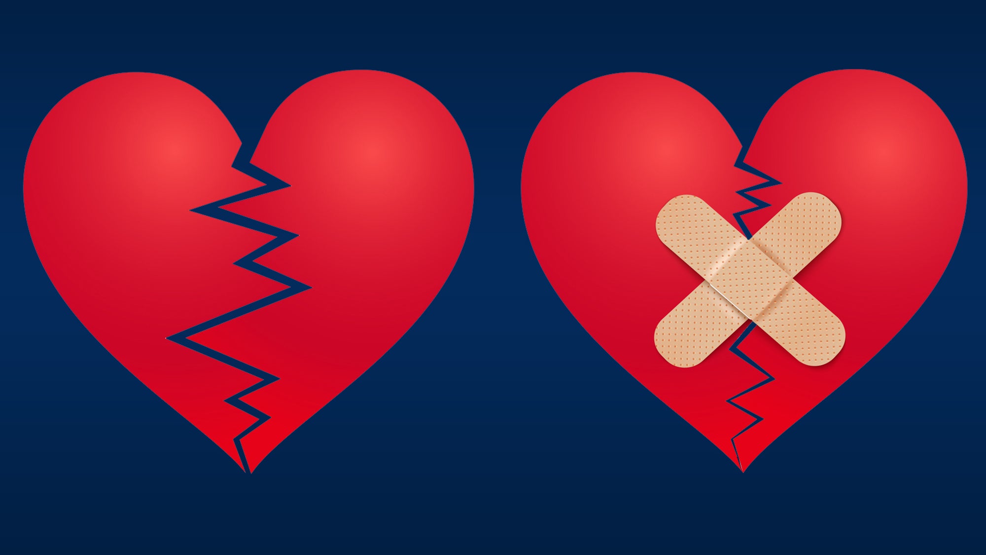 Two illustrations of hearts, one broken and the other broken with bandaids on it.