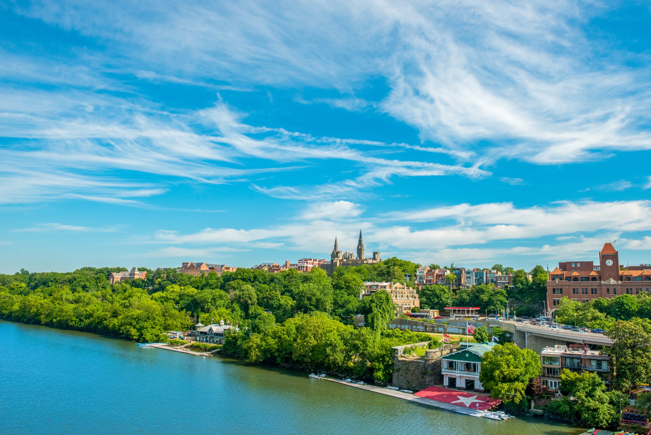 A blue sky hangs over the Georgetown waterfront.