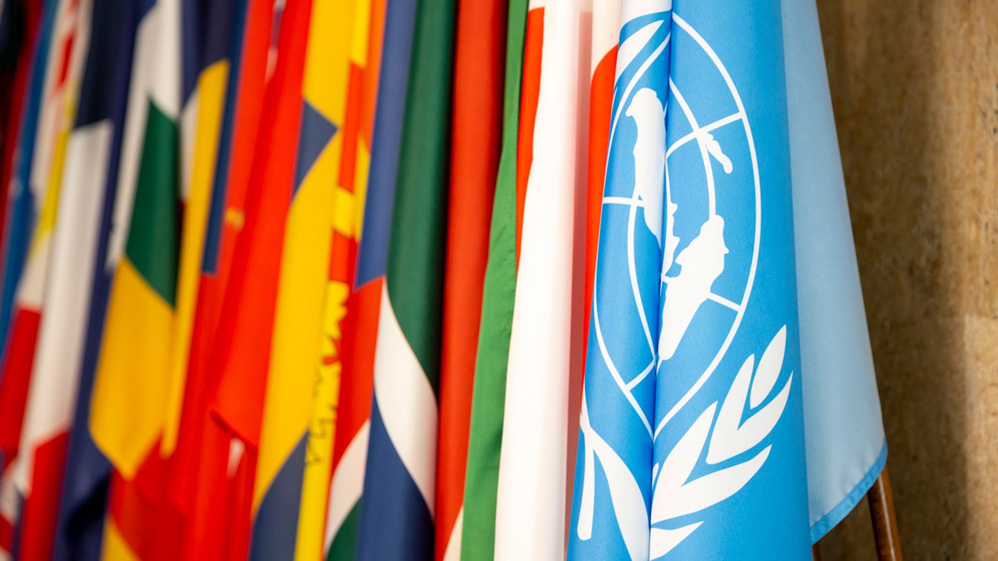 Flags from various countries drape on poles outside a U.N. buidling.