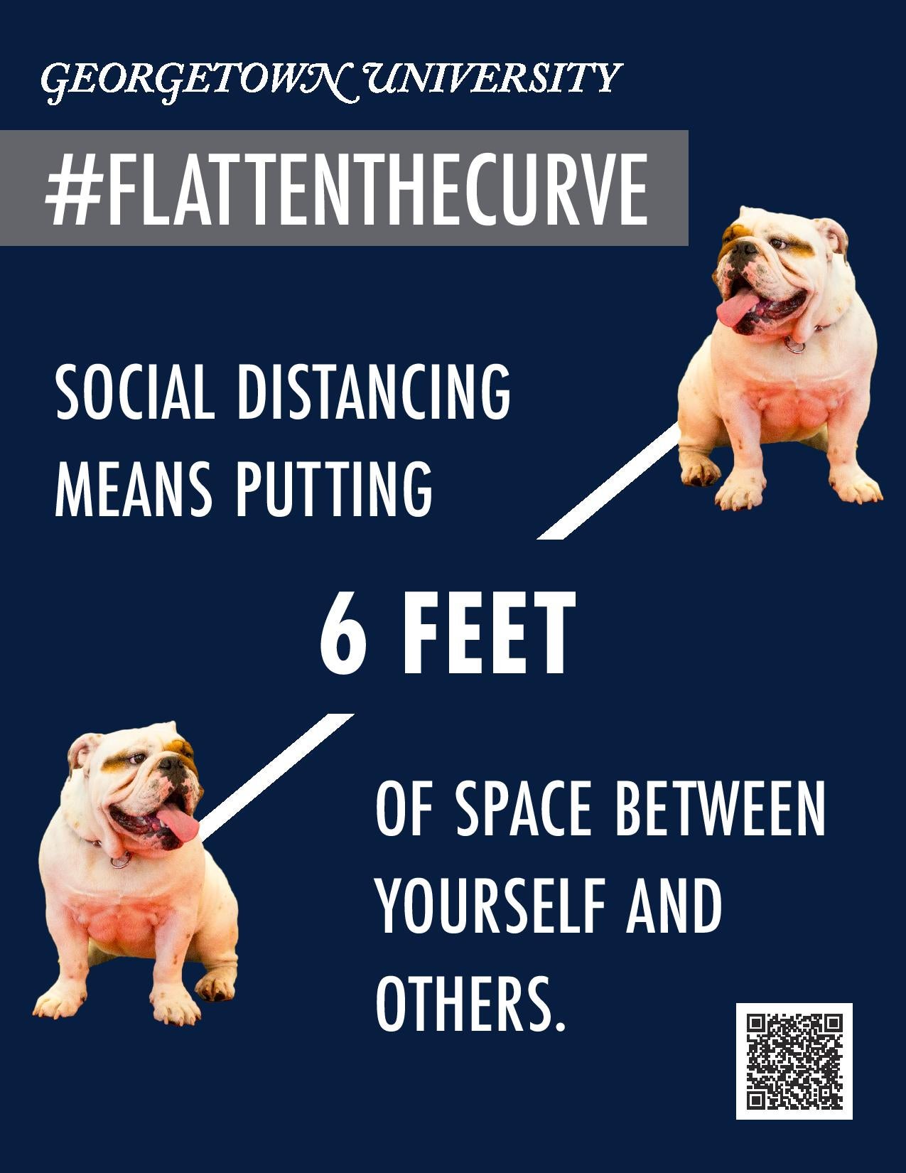 The image has 2 pictures of Jack the Bulldog, and arrows between them labeled with a 6ft measurement. The image says "Social ditancing means putting 6 feet of space between yourself and others."