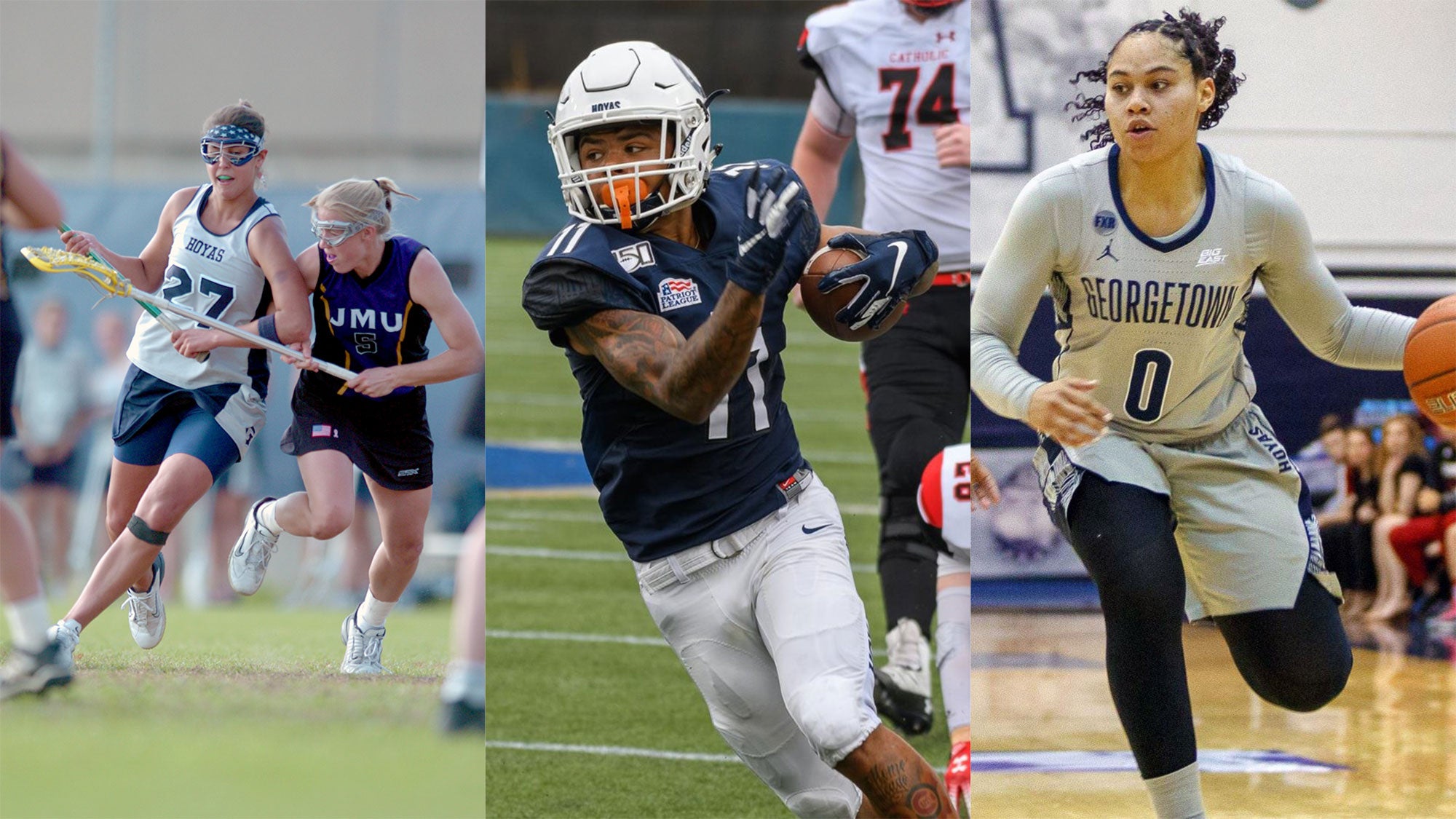 side-by-side photos of a female lacrosse player, a male ahlete playing football and a female athlete playing basketball.