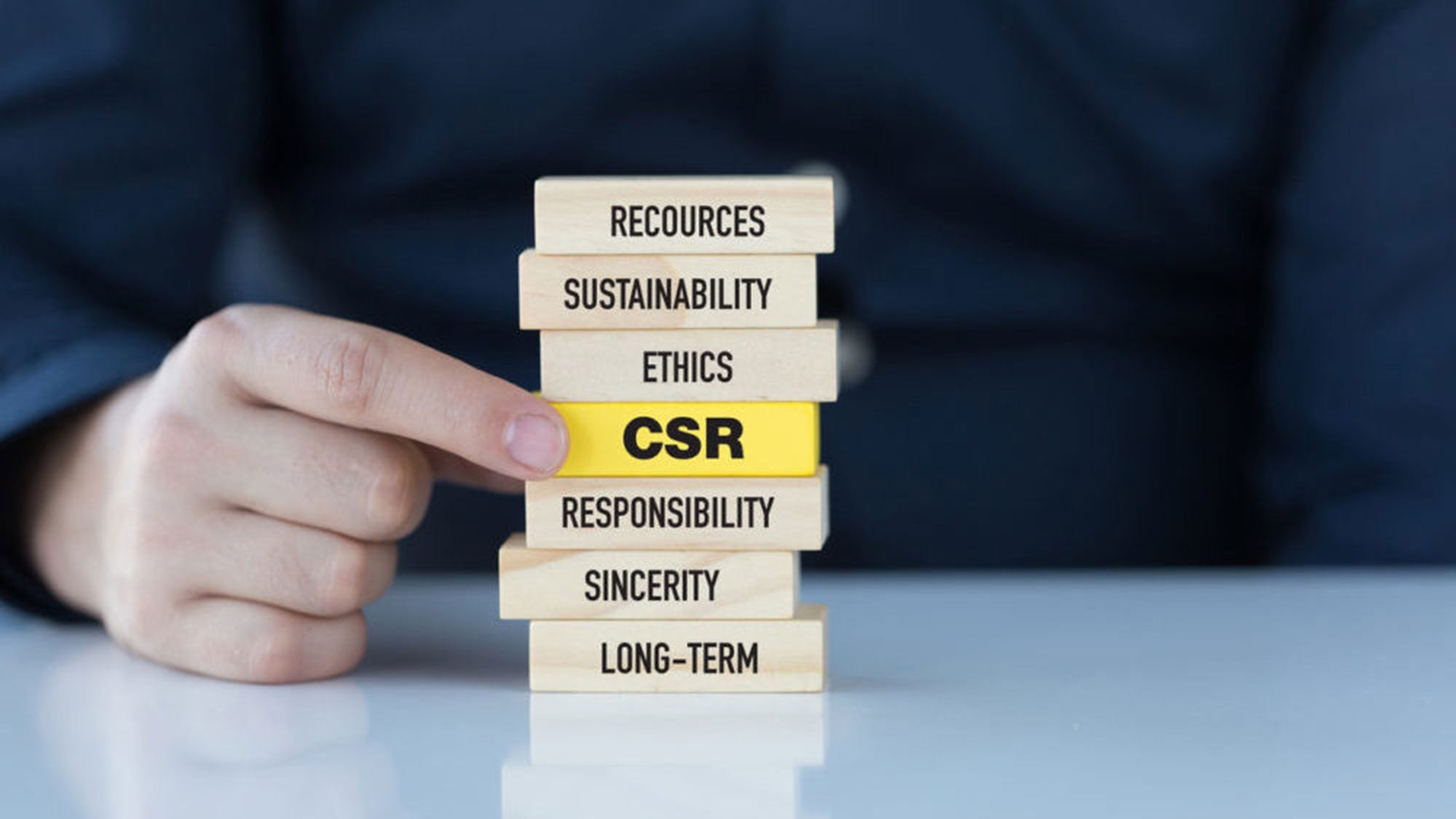 Building blocks feature words – including sustainability, ethics resources and CSR.