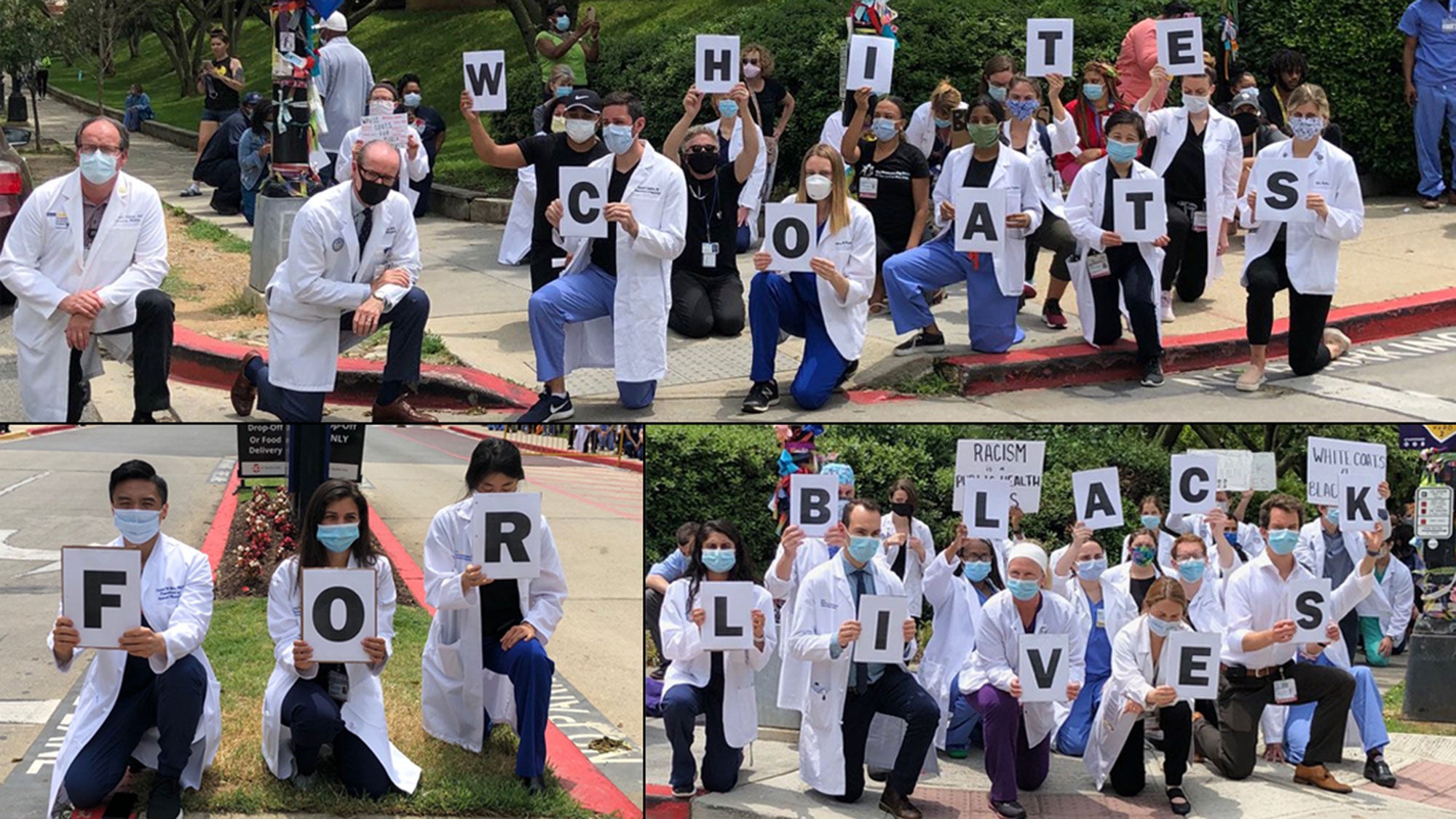 Docotors wearing white coats kneel holding signs thet read White Coats for Black Lives.