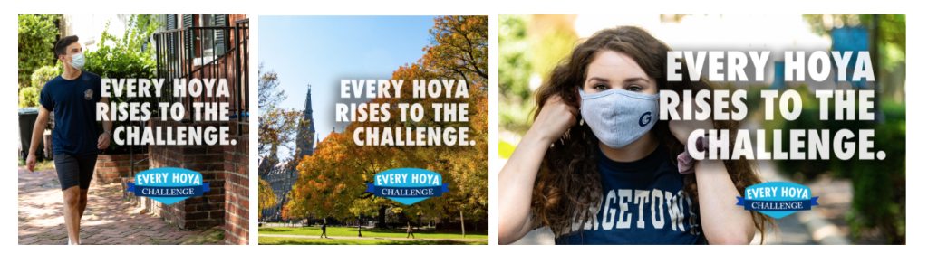 Three images with text that says the "Every Hoya Challenge" and "Every Hoya Rises to the Challenge"