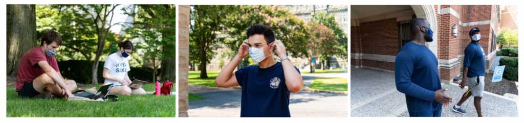 Three images where students are on Georgetown's campus in masks.