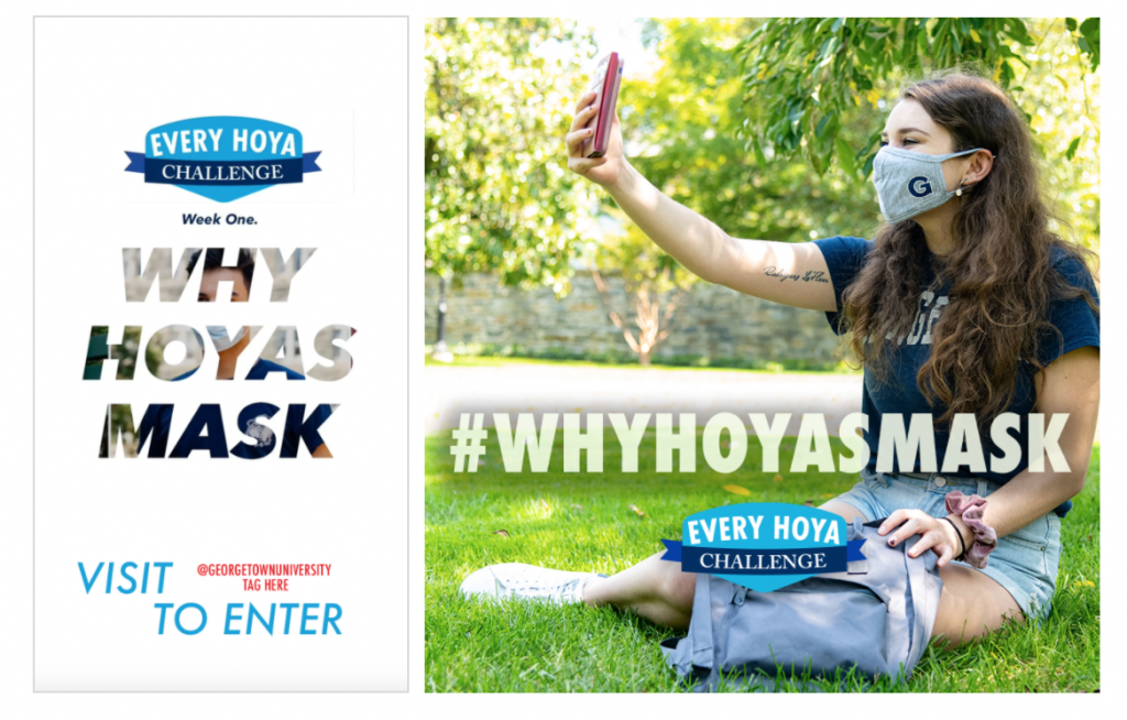 Two graphics that say "Why Hoyas Mask" with a small shield that says "Every Hoya Challenge"