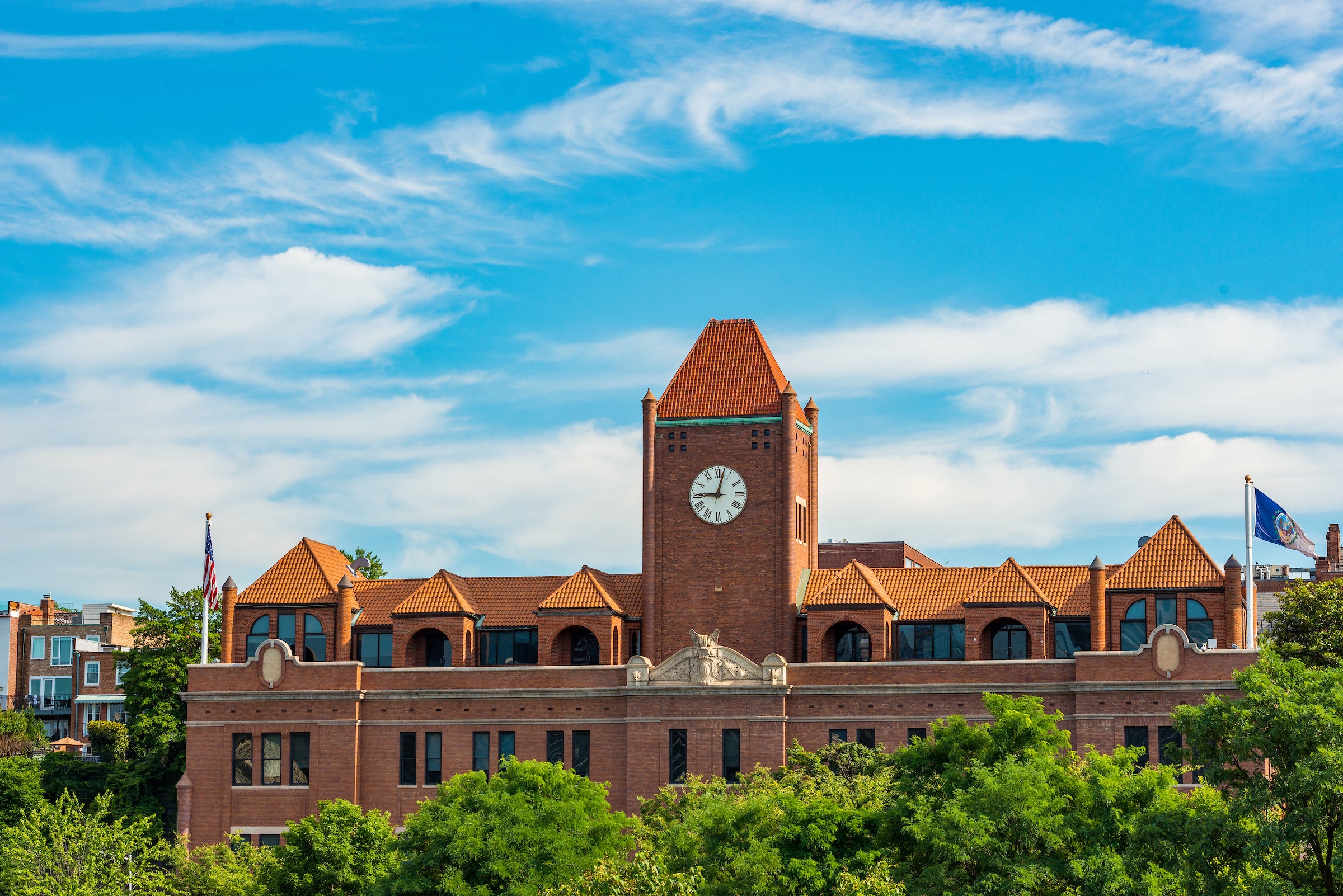 Car Barn brick building with a clock tower on a sunny day