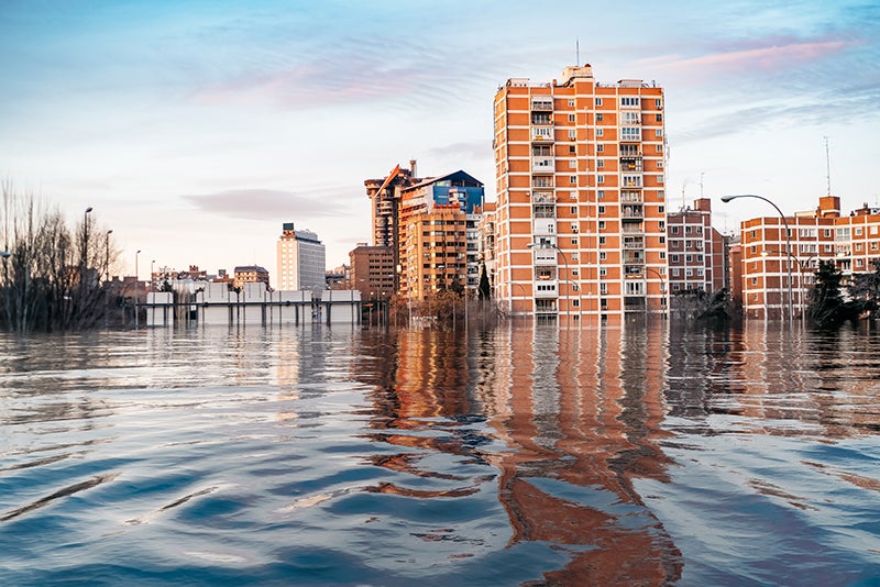 Hypothetical depiction of flooding in Madrid with tall buildings due to climate change