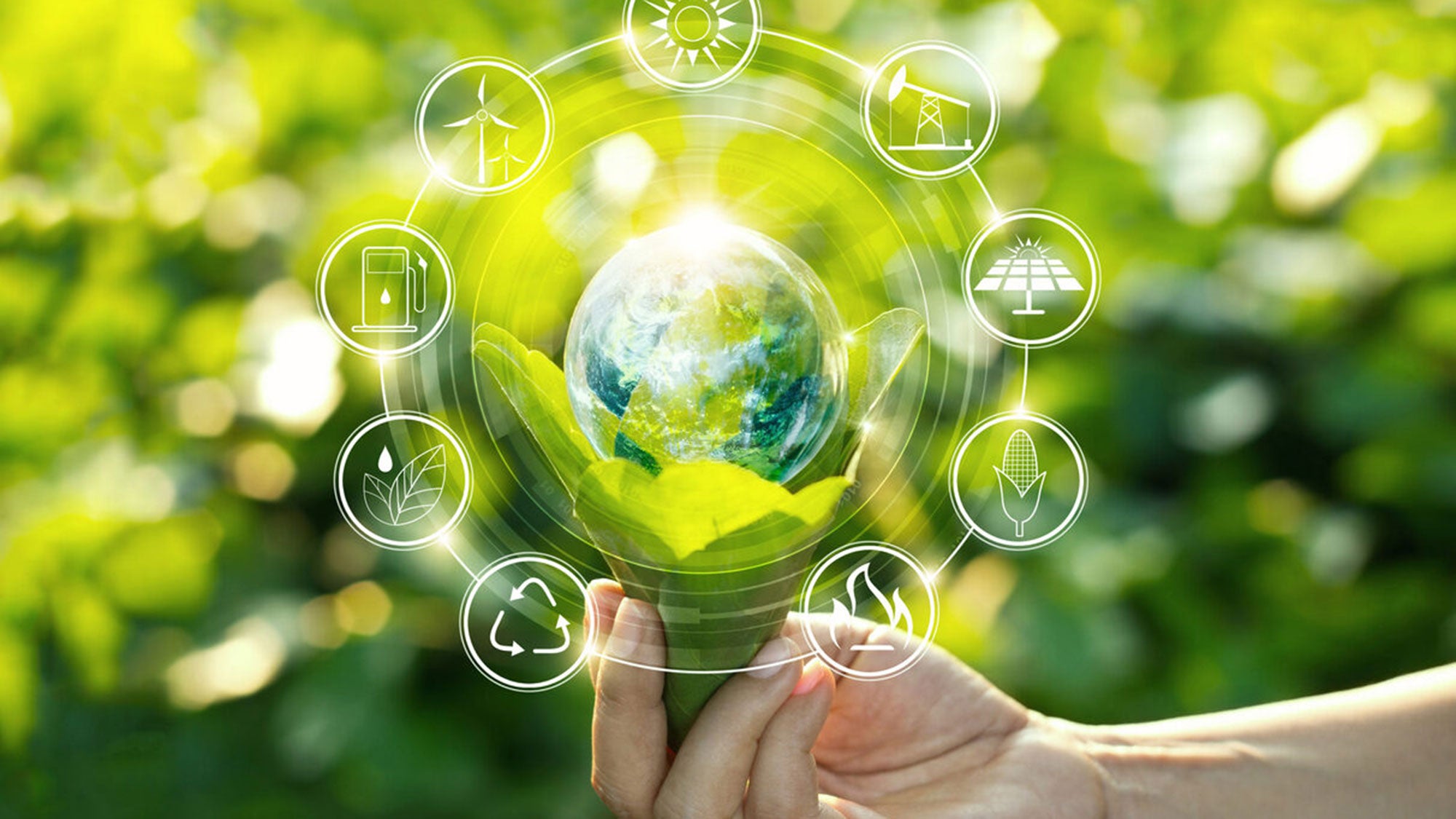 A hand holds a hologram of a globe with different aspects surrounding it in clear bubbles.