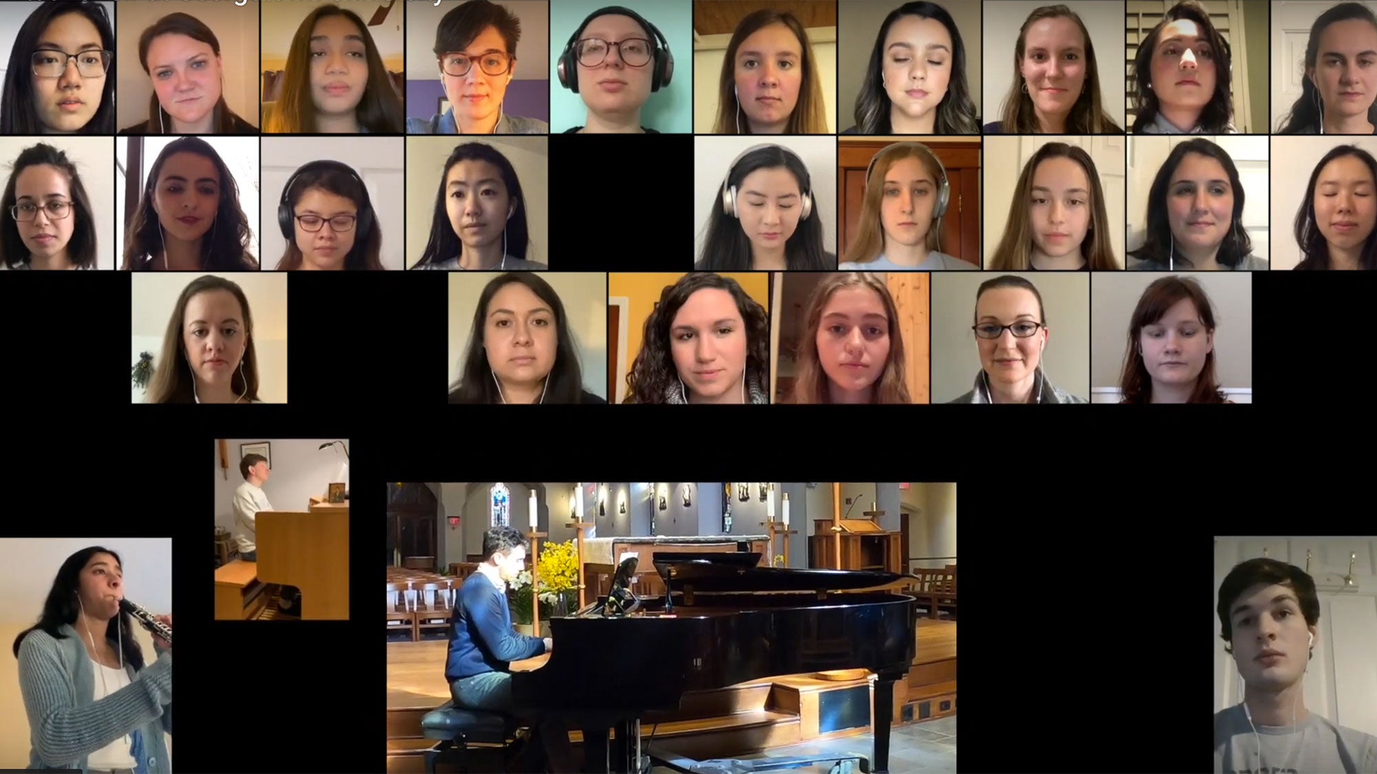 A Zoom screen shows students singing and playing instruments in a choir experience.