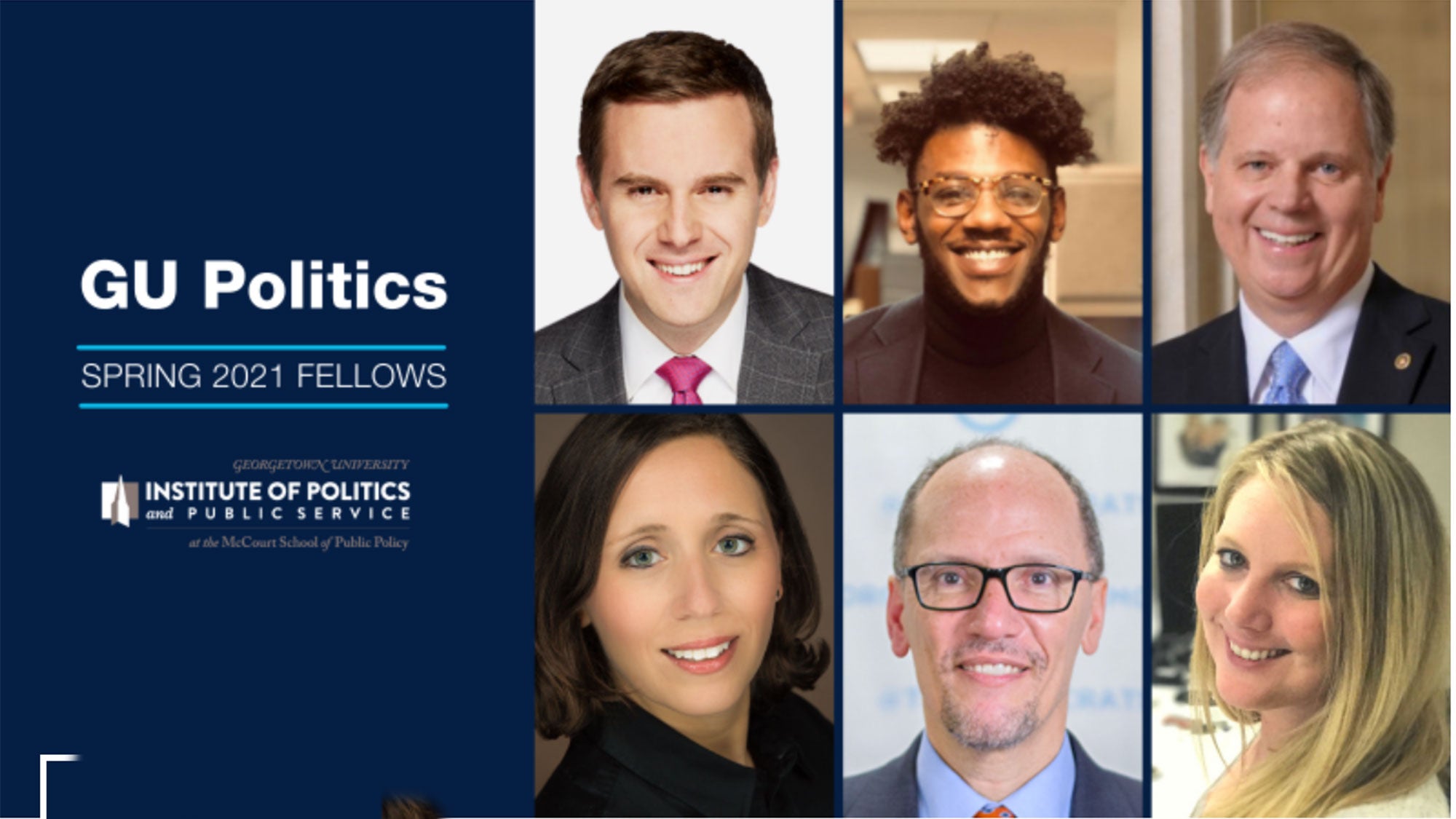 A blue graphic slide of features six Spring 2021 GU Politics Fellows.