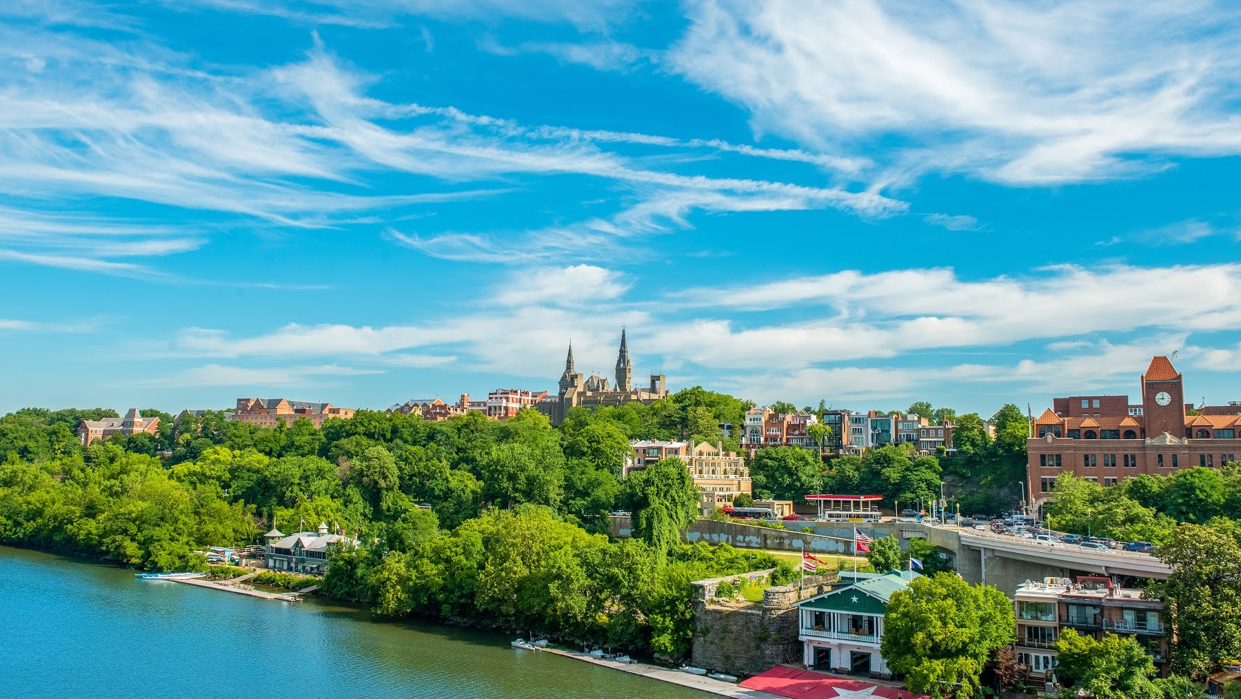 A distanced aerial shot of the Georgetown University campus