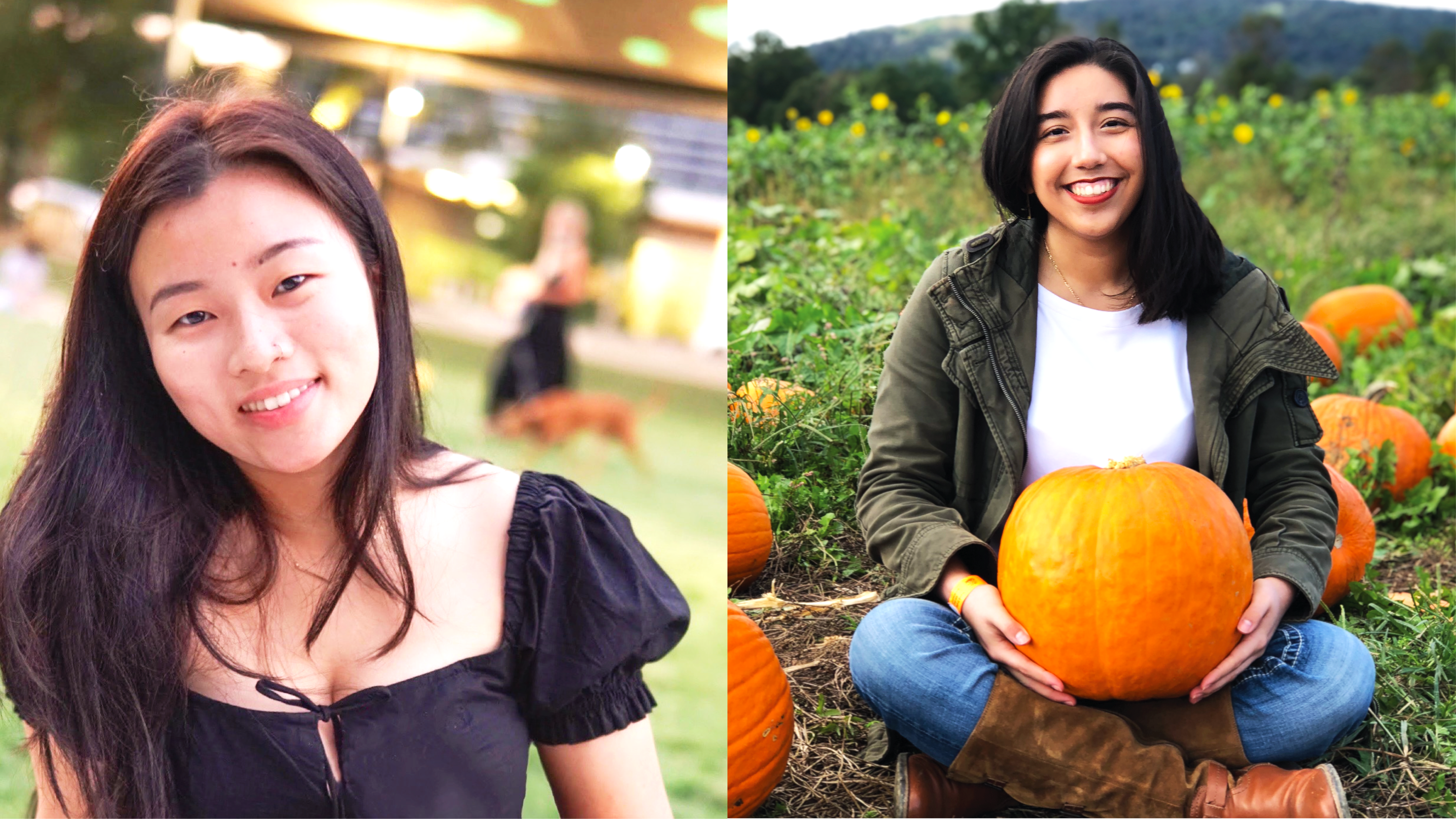 Heather Yu Huang wearing a black shirt and and Jennifer Martínez Sánchez holding a pumkin