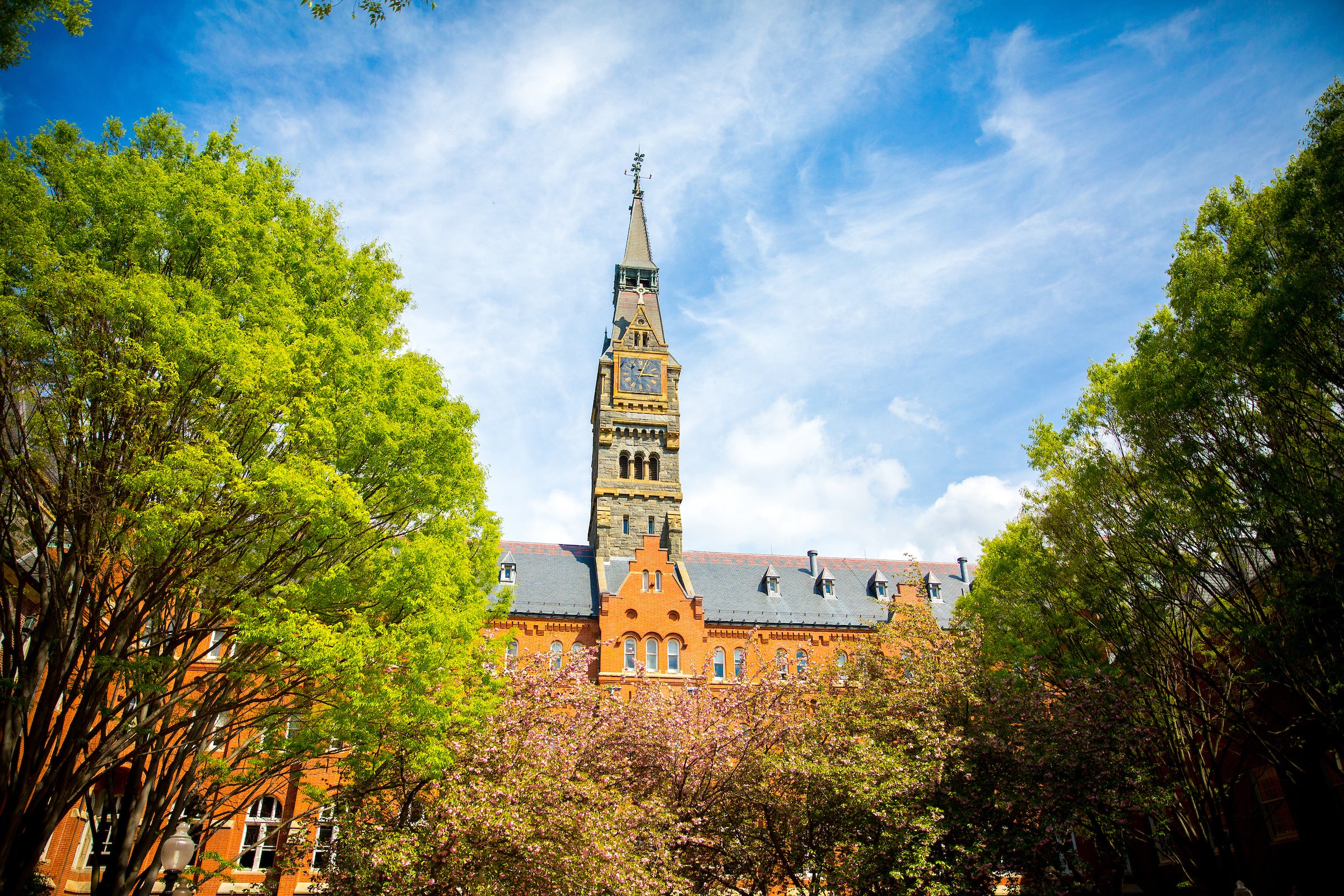 Healy Hall from Dahlgren Quad framed by two trees