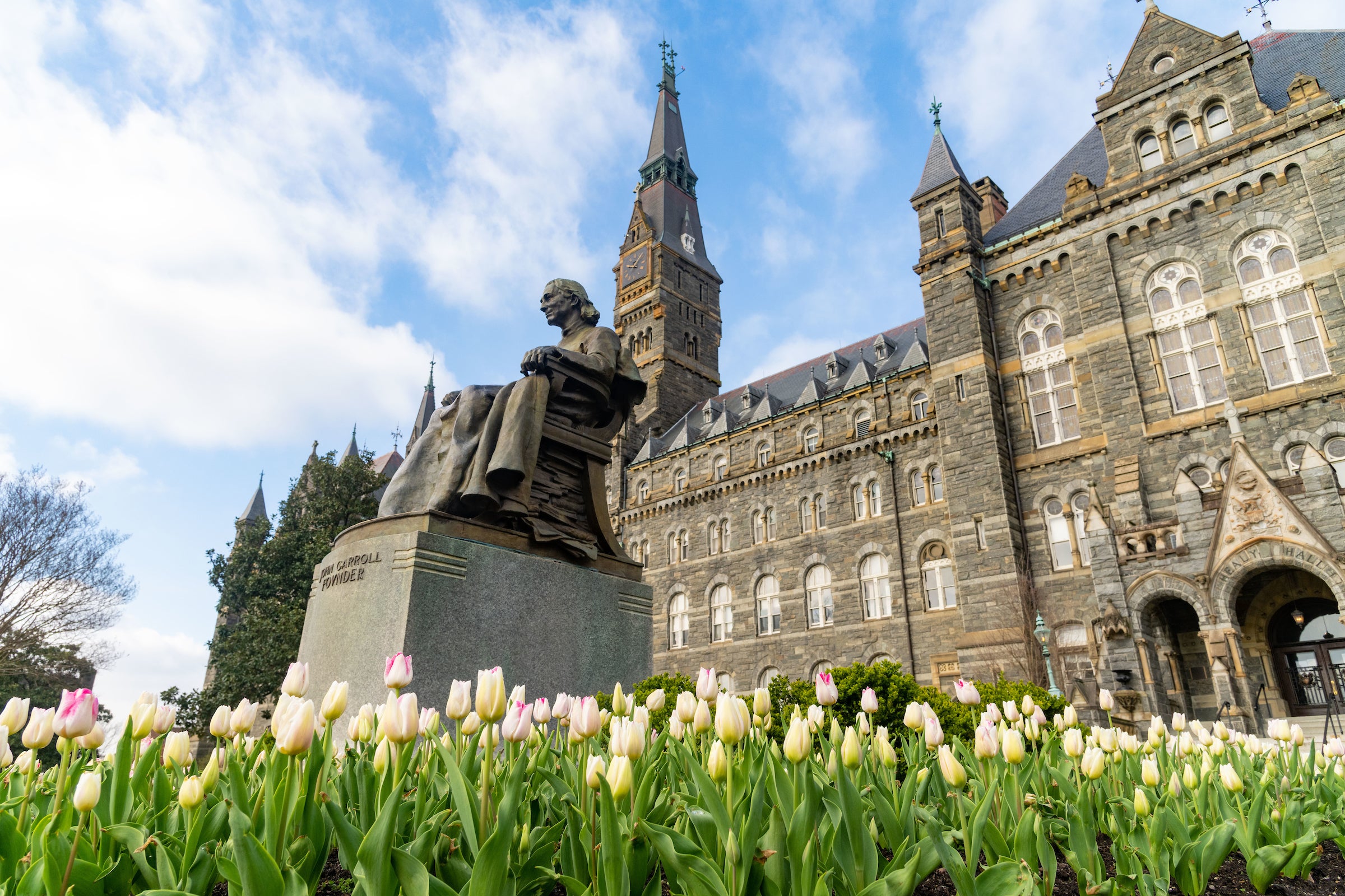 Tulips in front of John Carroll statue and Healy Hall