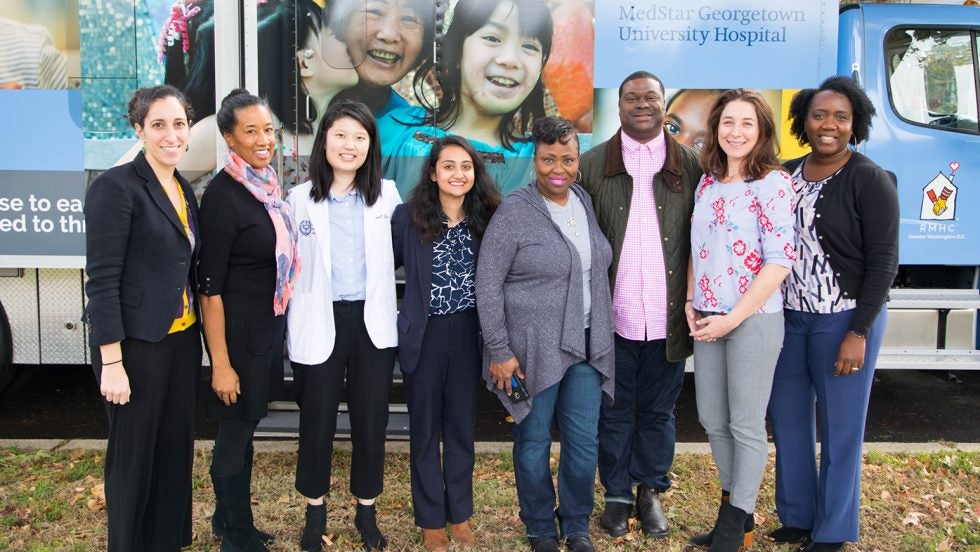 From left: Associate Professor Yael Cannon, Dr. Ana Caskin, Janet Shin (M'20), Prashasti Bhatnagar (L'22), Ella Barnes-Williams, Scott Grissett, Janine Rethy and Joanne Odom