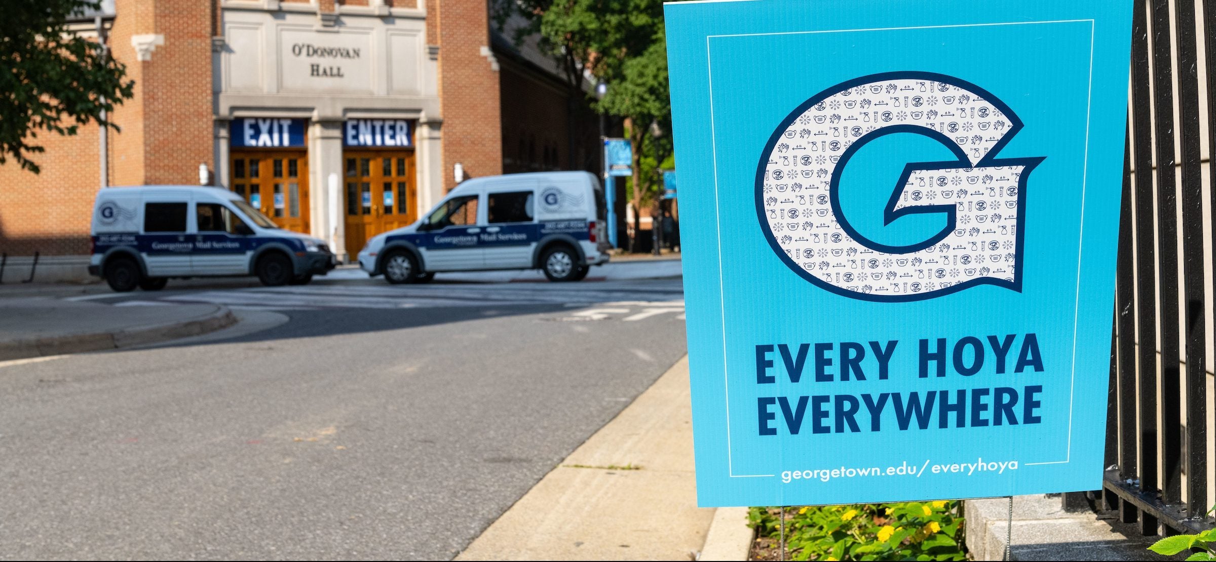 "Every Hoya Everywhere" blue sign in front of O'Donovan Hall