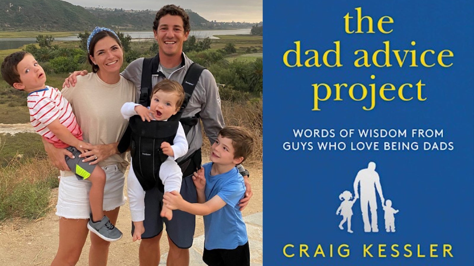 Left: Craig and Nicole Kessler with three young boys, Right: Book Cover "the dad advice project: Words of Wisdom From Guys Who Love Being Dads Craig Kessler"