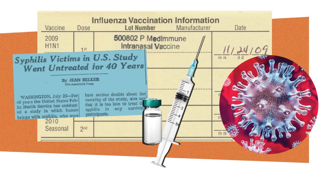 Syringe, news story, vaccine card and COVID-19 graphic