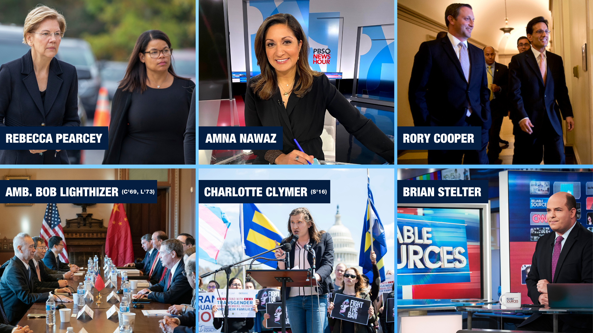 Clockwise: Rebecca Pearcey, Amna Nawaz, Rory Cooper, Brian Stelter, Charlotte Clymer, Amb. Bob Lighthizer