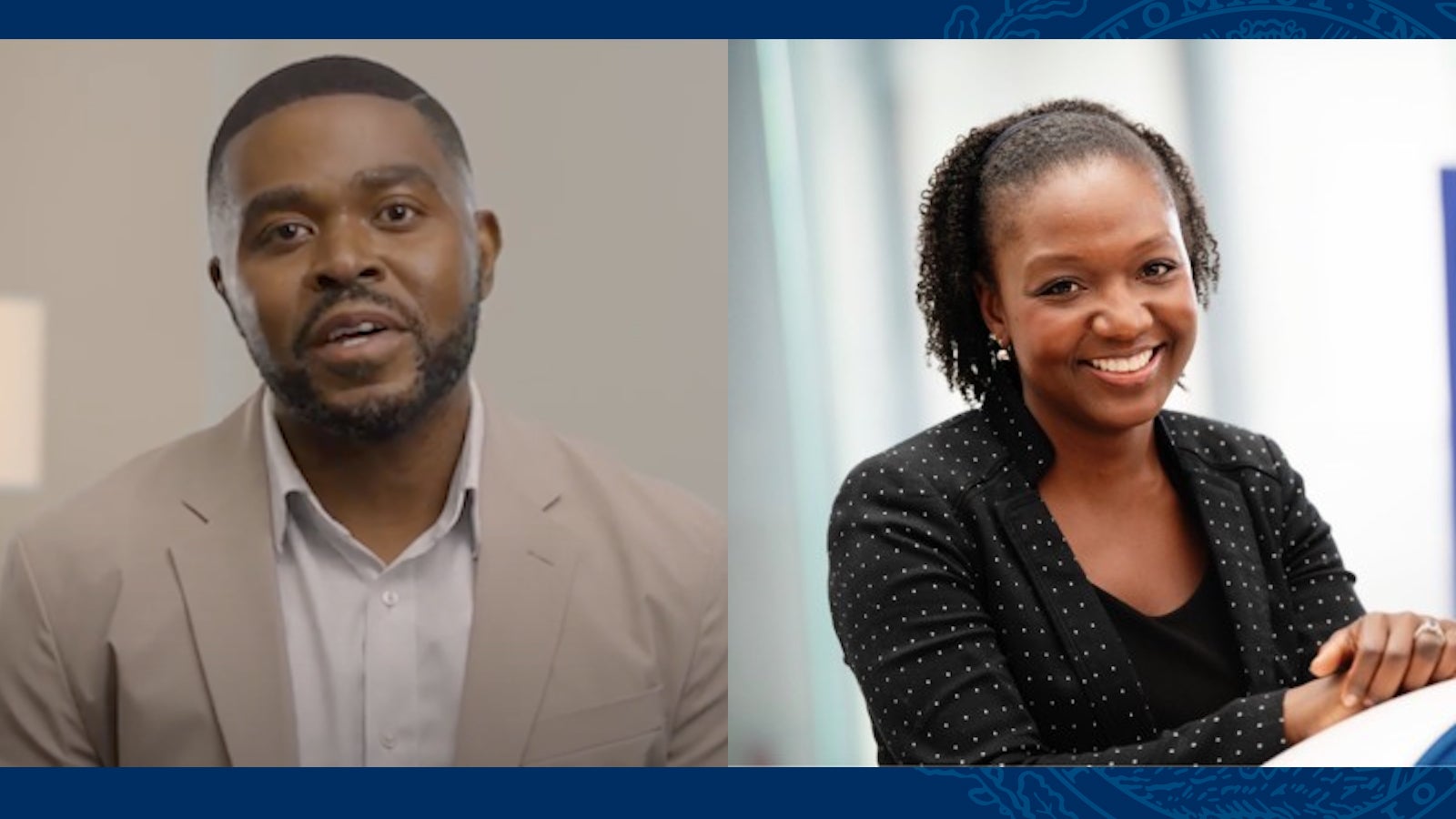 Headshots of Christopher King wearing a tan blazer and Deliya Wesley wearing a black blazer