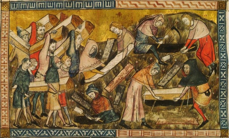 Mid-14th century illustration of Black Death burials in Tournai, Belgium.