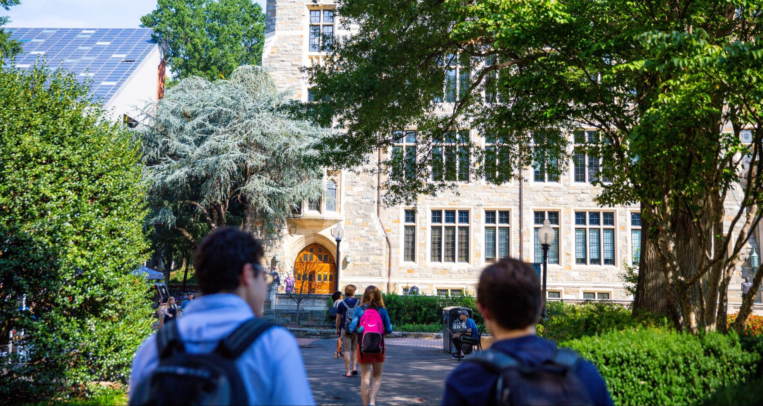 View from behind of students walking toward White Gravenor