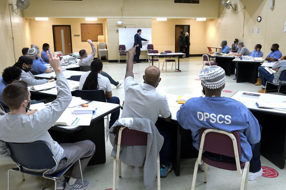 An image of students in Georgetown's new Bachelor of Liberal Arts program in a Maryland prison.