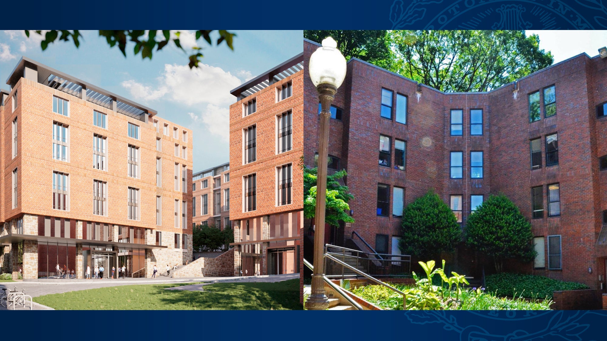 A rendering of the new Henle apartment building alongside an image of the current building.