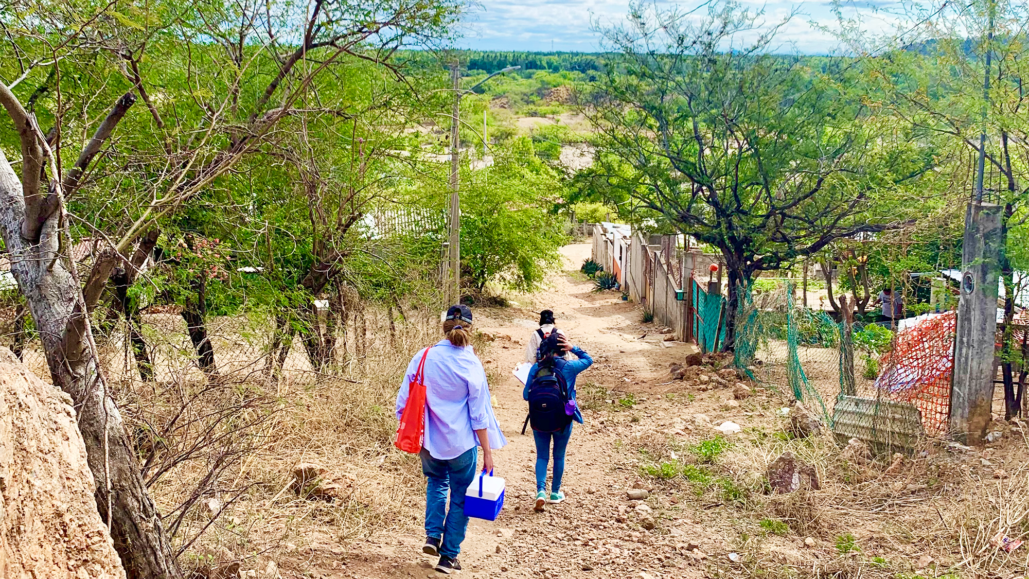 A group of Nursing & Health Studies students walk down a hill as part of their field work in rural Mexico.