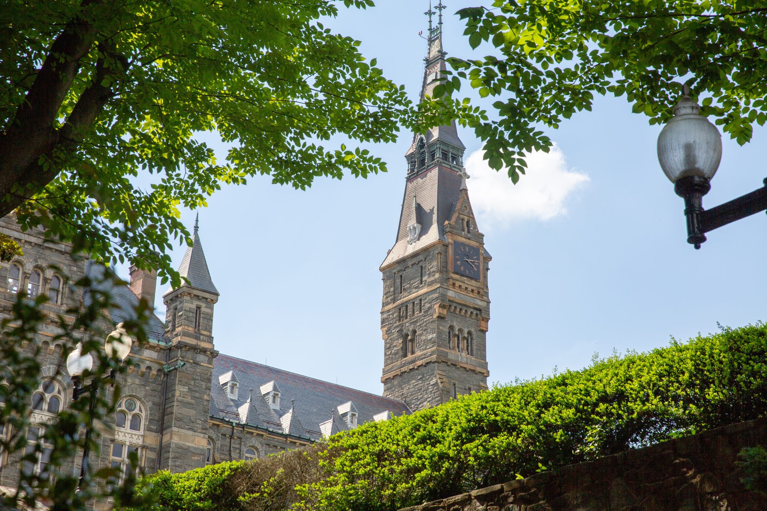 An image of the clock tower at Healy Hall on Georgetown's campus