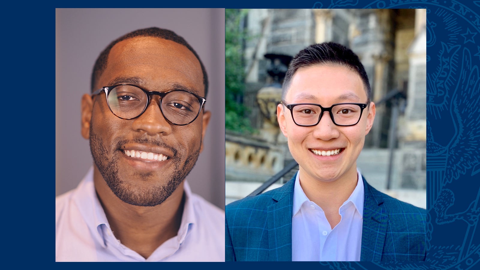 Two Hoyas' headshots are pictured side by side over a blue background