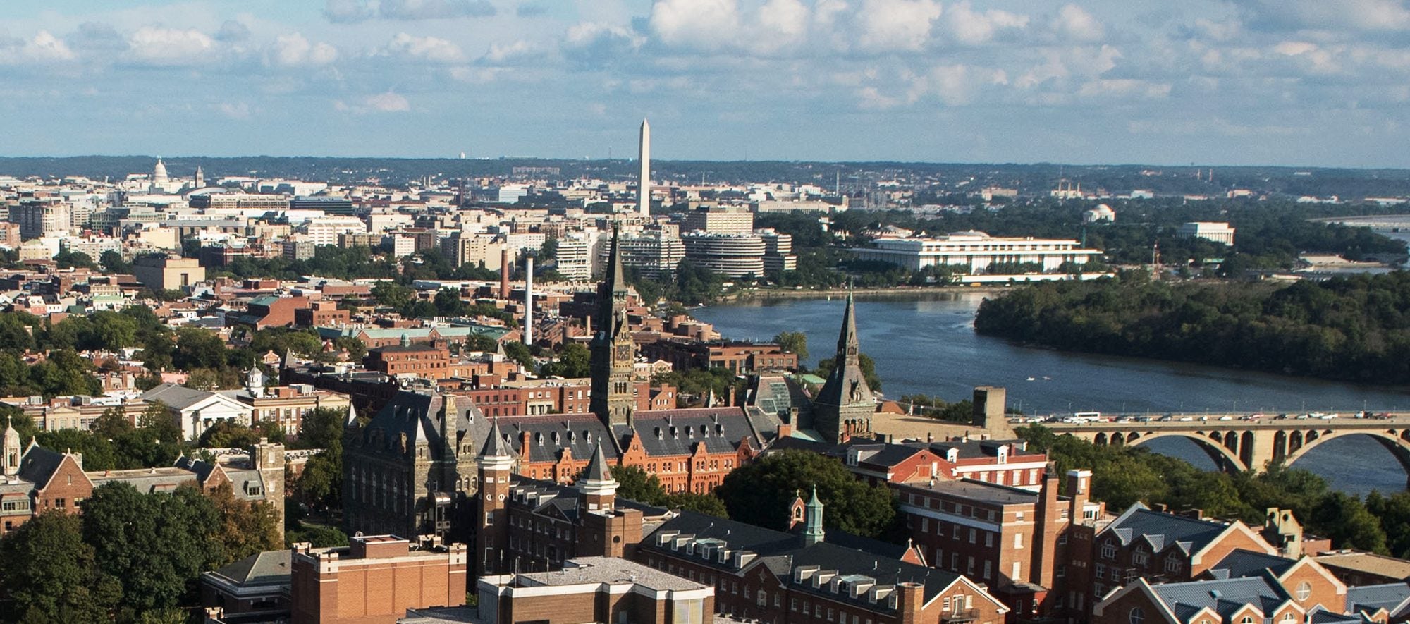 Aerial view of Georgetown's campus with Healy Hall near the Washington Monument