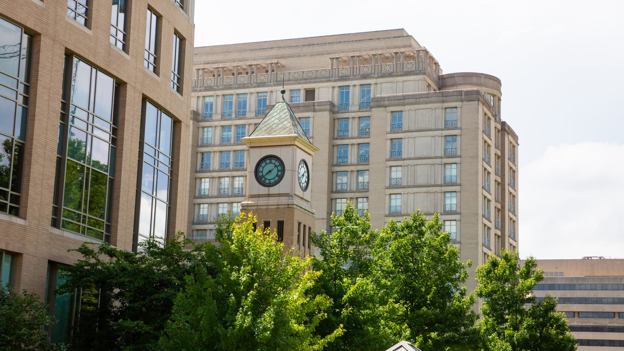 A clocktower on Georgetown Law's campus.