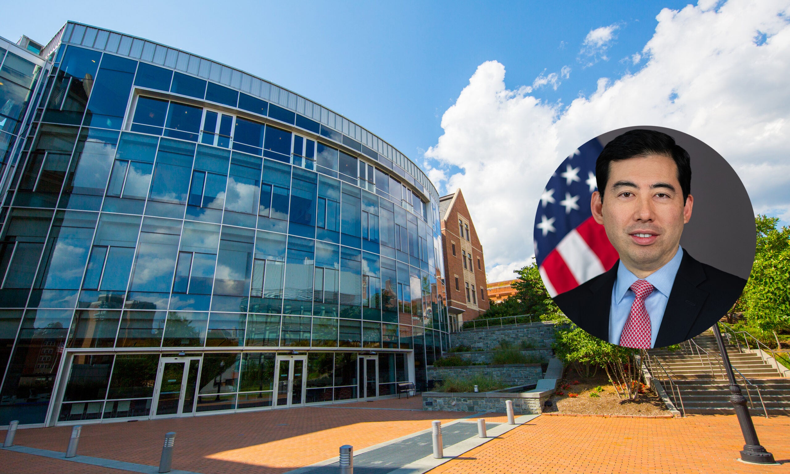 An image of the front glass windows of the McDonough School of Business alongside a headshot of Mark Uyeda (B'92)