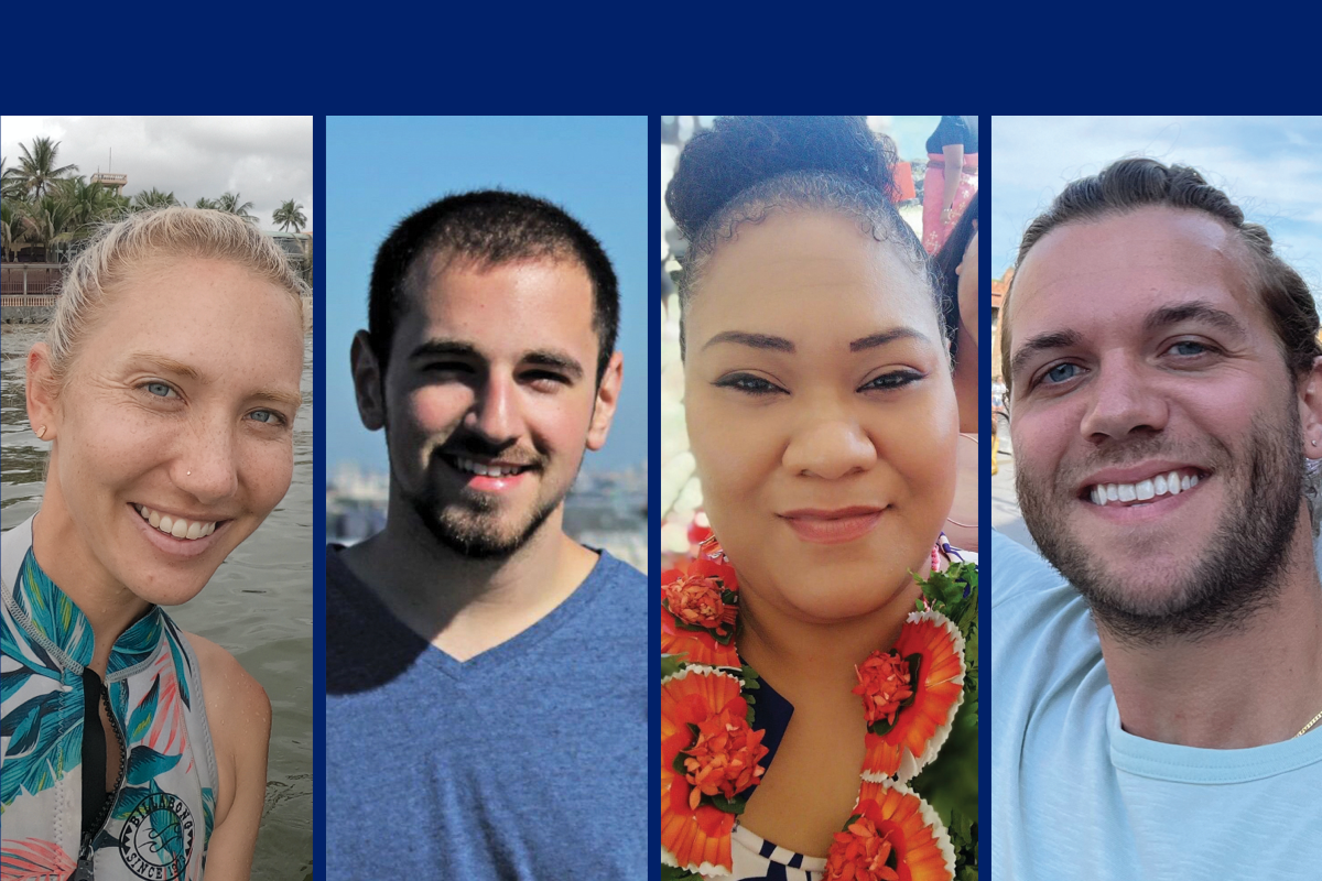 Headshots of four Fulbright winners side-by-side. In the first photo, a blonde-haired woman wears a patterned halter top; in the second photo, a man wears a blue T-shirt; in the third photo, a woman wears a red and green patterned shirt; and in the fourth photo, a young man wears a light blue T-shirt.