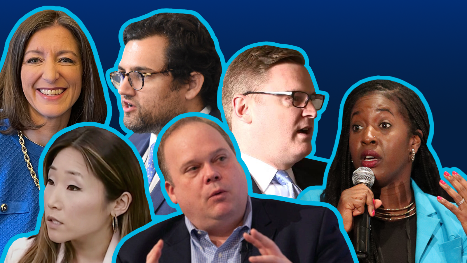 An image of the six different photos of the GU Politics Spring 2023 Fellows overlapping each other over a dark blue background. Around each of their headshots is a light blue border to differentiate each person.