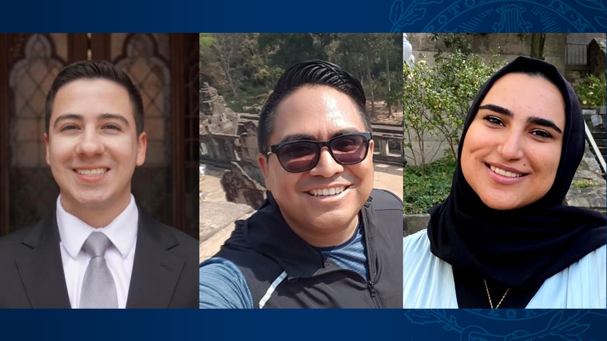 From left to right, headshots of Eduardo Torres (SFS'23), Roger Rolando Reyes (SFS'12) and Zahra Wakilzada (SFS'23).