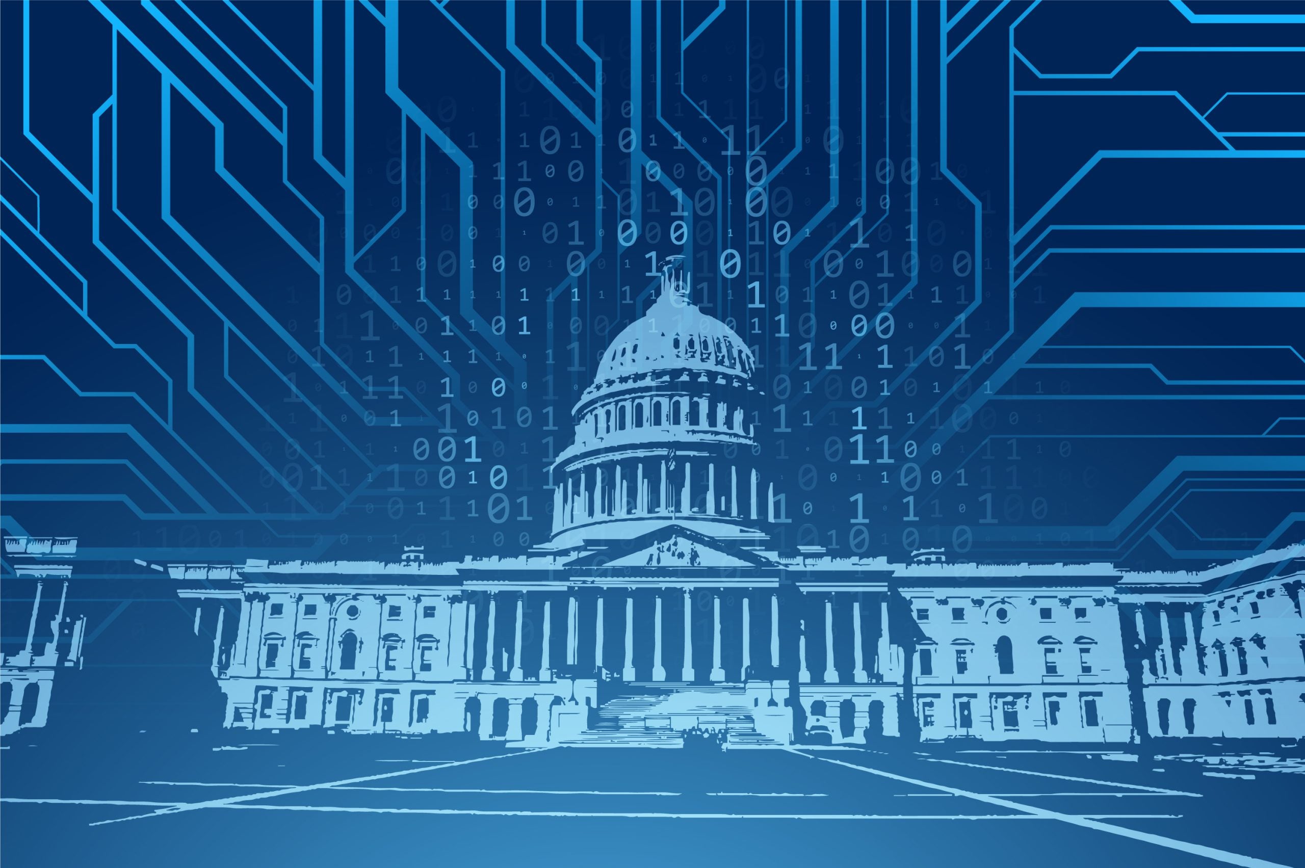 A graphic of the U.S. Capitol with tech coding in the background.