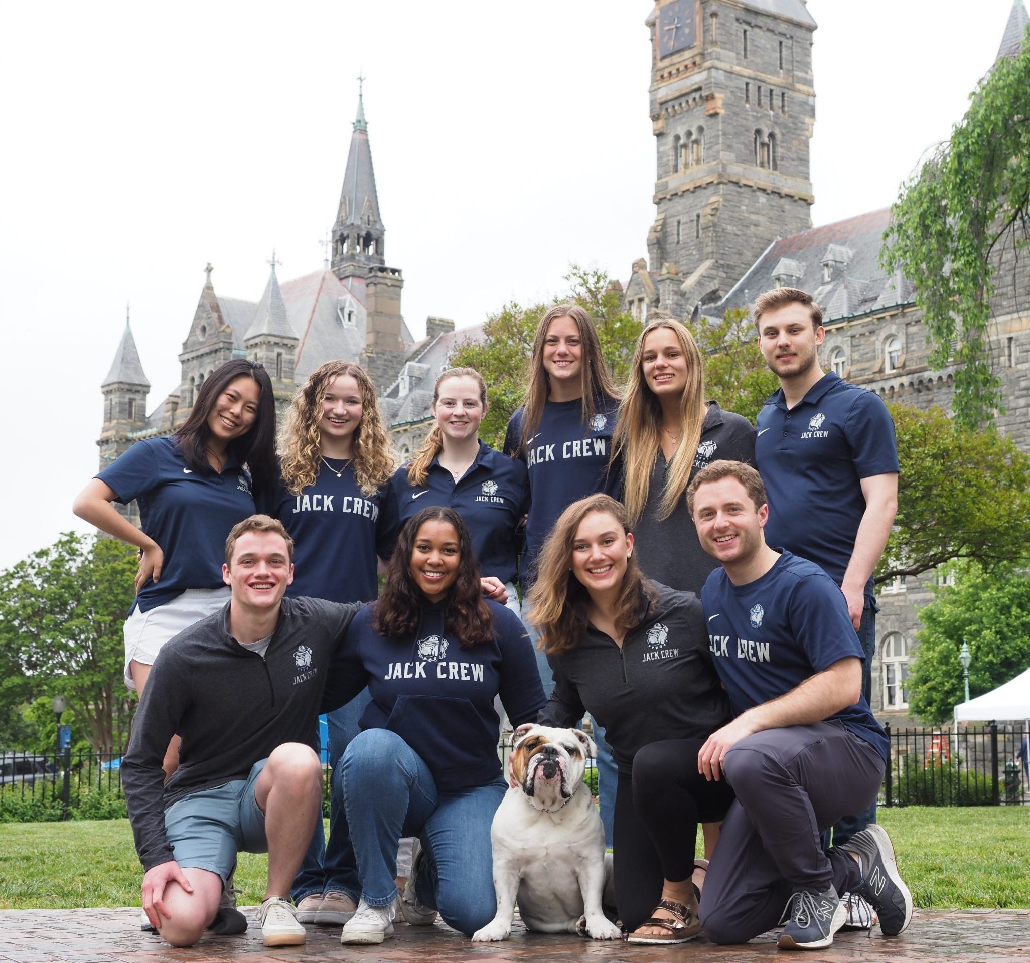 Jack the Bulldog and his crew pose for a photo on Healy Lawn