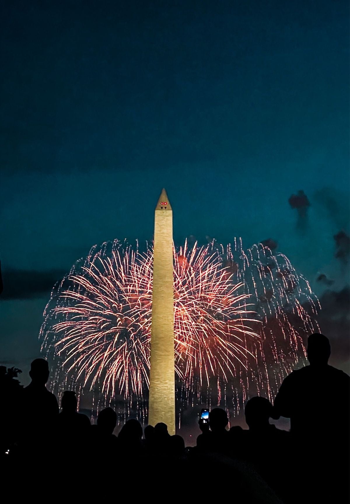 Spectators watch fireworks behind the Washington Monument